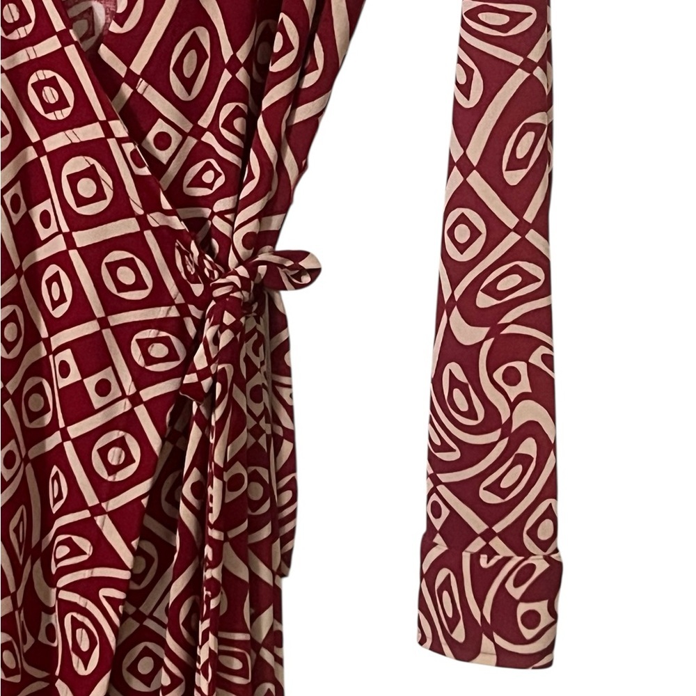 Johnny Was red and tan geometric print long sleeve wrap dress vintage 70s boho - Picture 7 of 15